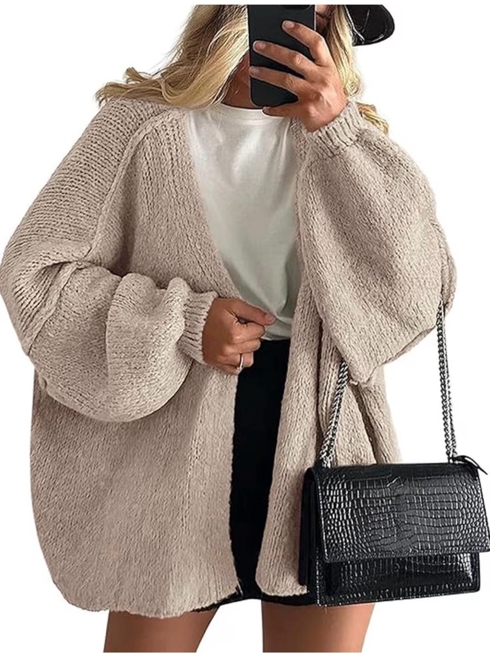 Cozy Oversized Open-Front Chunky Knit Cardigan Beige Neutral Soft Layer M